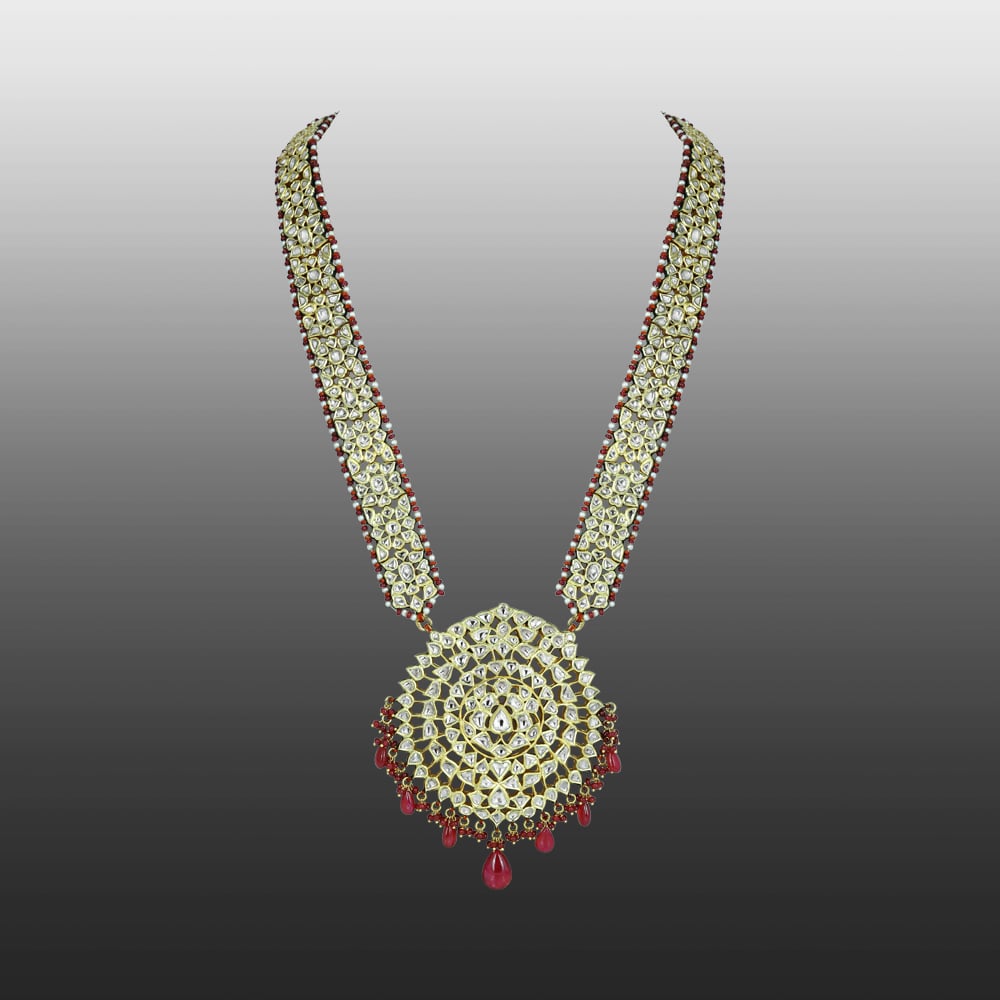 Ruby Beaded Polki Pendant with Intricate Circular Design